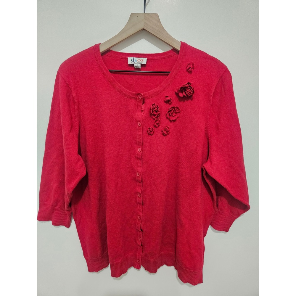 Denim & Co Red 3D Floral Rosette Button Front Cardigan Sweater 1X 3/4‎ Sleeve